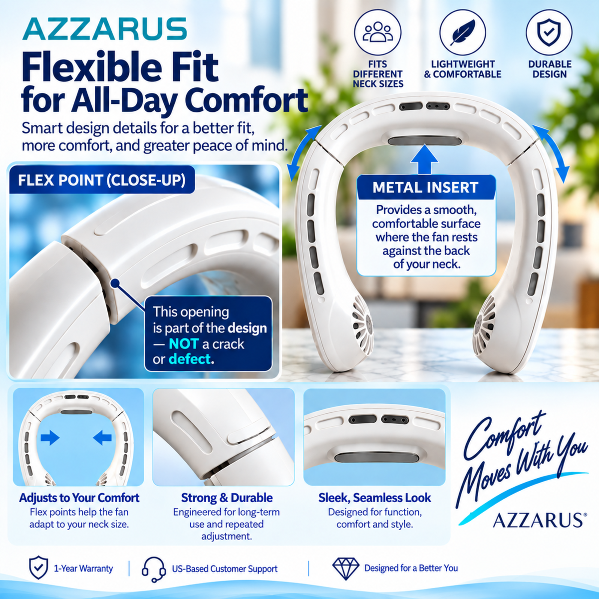 White AZZARUS Classic Neck Fan flexible, adjustable fit