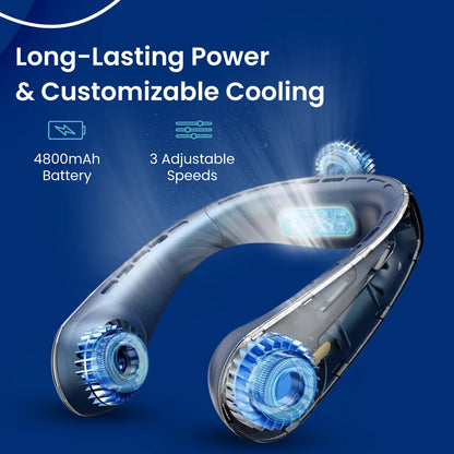 AZZARUS rechargeable bladeless neck fan with 4800mAh battery and 3 adjustable speeds for long-lasting cooling