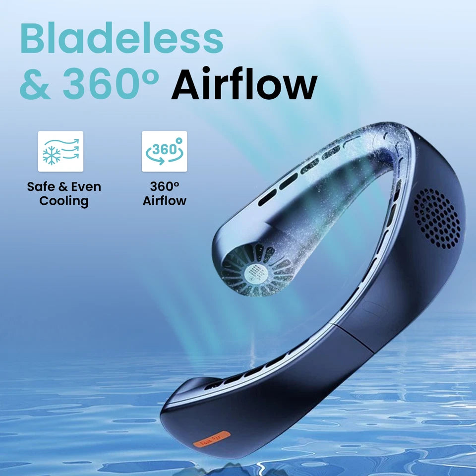 AZZARUS bladeless rechargeable neck fan with 360 degree airflow and safe even cooling design
