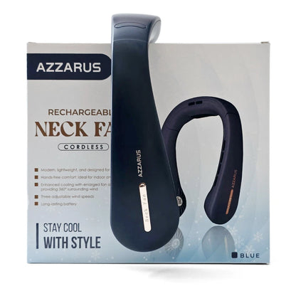 AZZARUS rechargeable bladeless neck fan in blue with retail packaging box on white background
