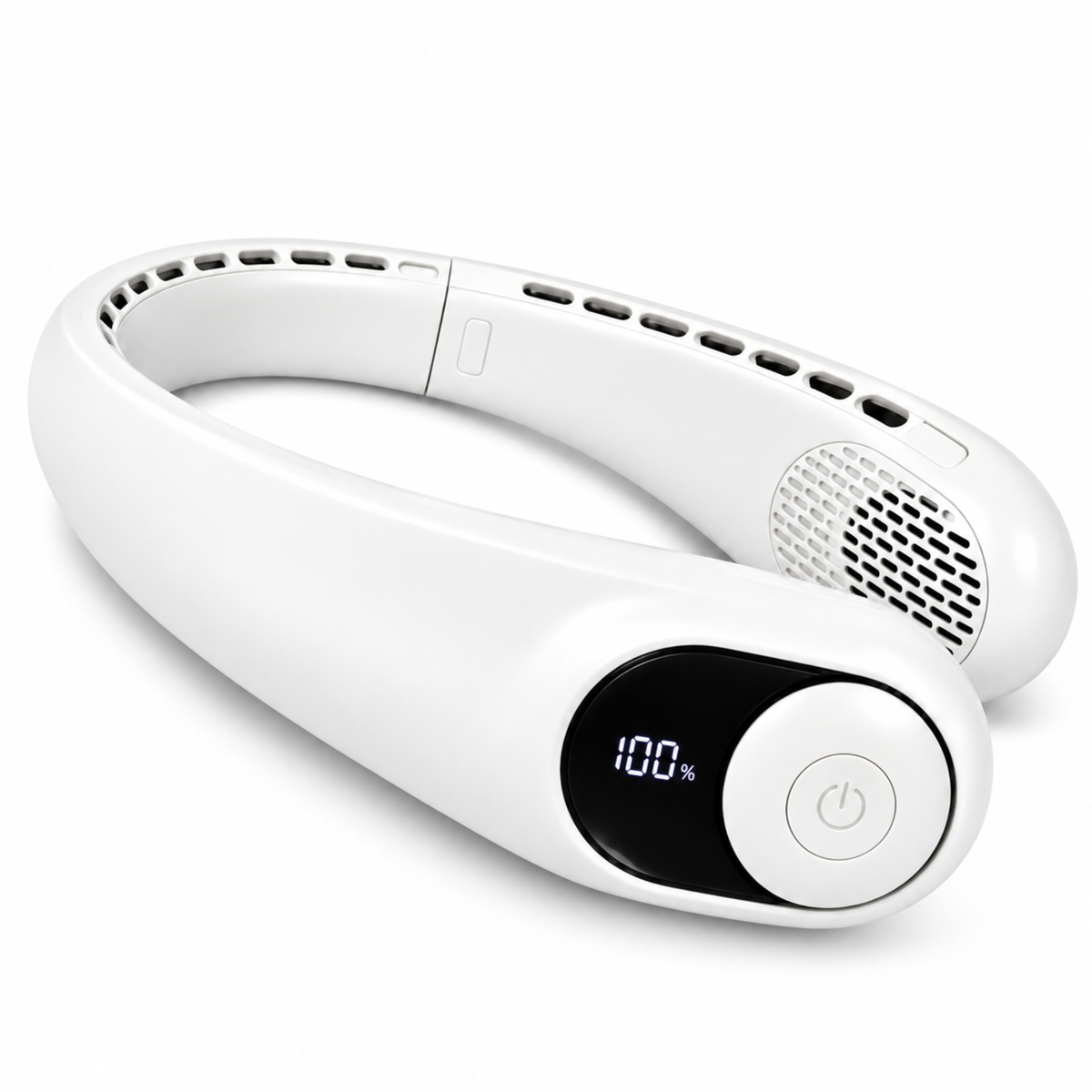 White AZZARUS Digital Neck Fan – front view with digital battery display