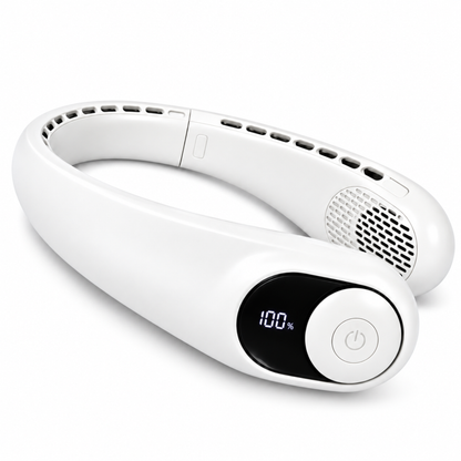 White AZZARUS Digital Neck Fan – front view with digital battery display