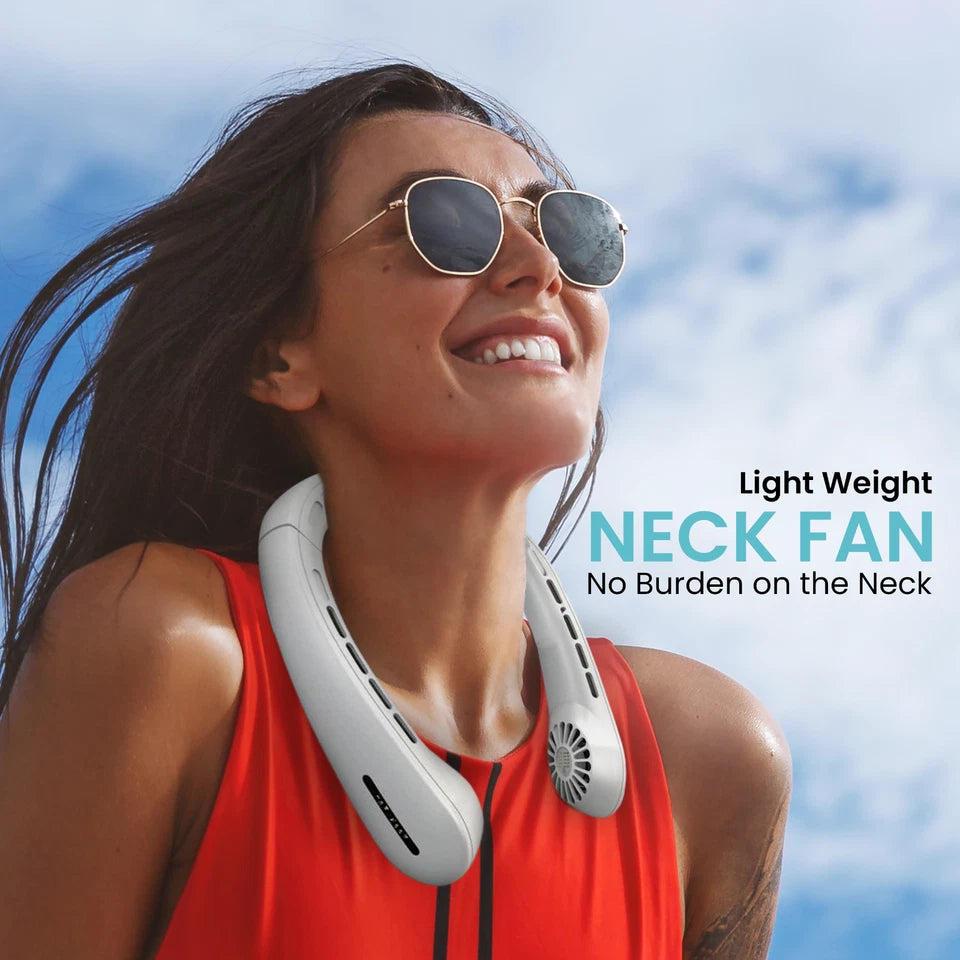 Woman wearing AZZARUS lightweight rechargeable bladeless neck fan outdoors for hands-free cooling